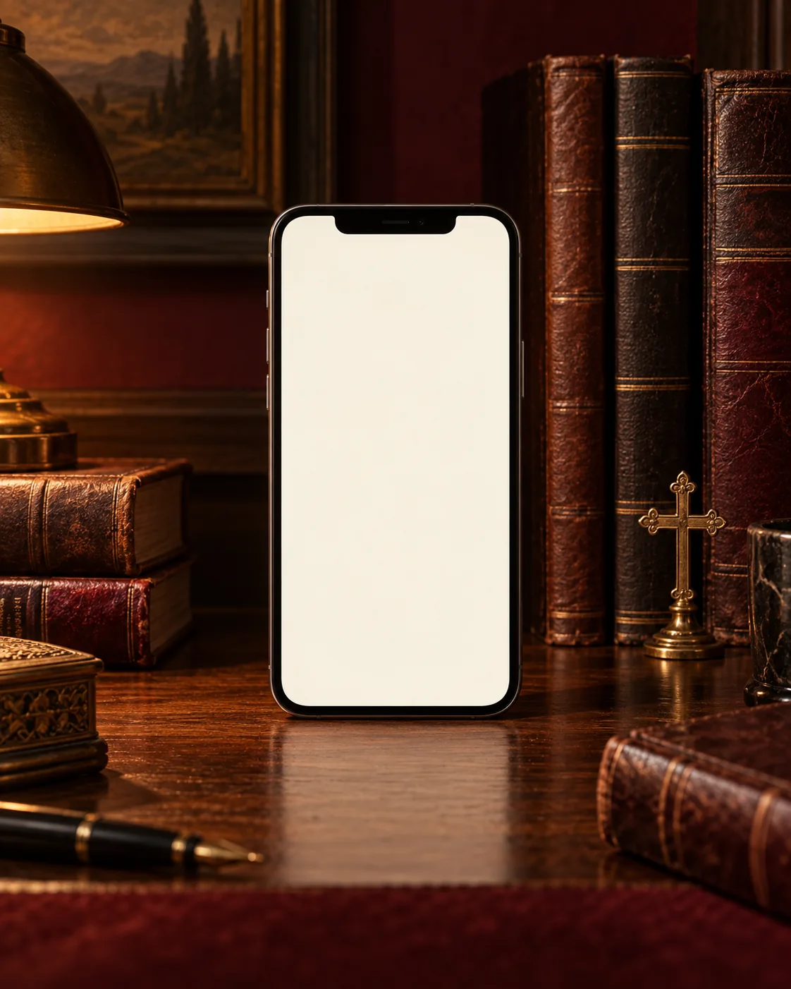 Celular em uma biblioteca clássica, entre livros antigos